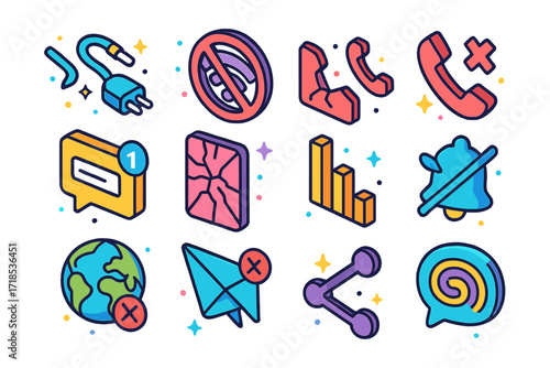 Lost Connections Icons. Colorful isometric vector icons set of Lost connections: unplugged cord, ?no wifi? symbol, unread text, call dropped icon, shattered