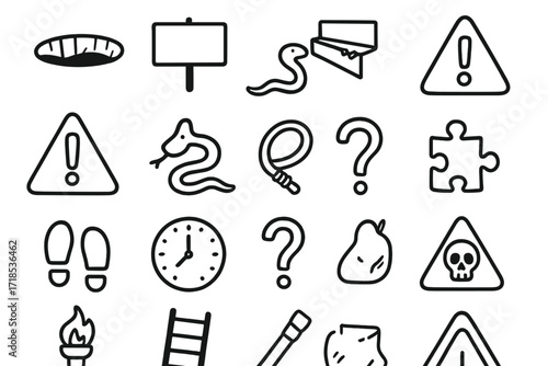 Life's Pitfalls Icons. Hand-drawn doodle illustration everyday life pitfalls trap hole, road sign, broken step, exclamation mark, warning triangle, snake,