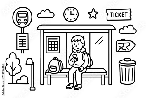 Bus Stop Doodle. Hand-drawn doodle illustration Waiting at the bus stop [bus stop sign, bench, shelter, timetable, person, backpack, phone, tree, streetlight,