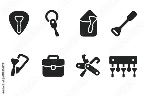 Black Icon Grid. Solid, filled icon set of tuning key accessories: key holder, keychain, pouch, extension arm, key clip, carrying case, multi-tool, key rack.