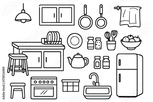 Kitchen Doodle Icons. Hand-drawn doodle illustration [kitchen interior elements] [kitchen island, stool, cabinet, dish rack, teapot, plate, spice jars, hanging