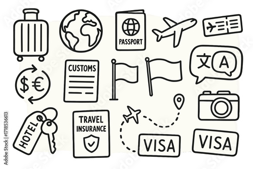 Travel Essentials Doodle. Hand-drawn doodle illustration international travel suitcase, globe, passport, airplane, boarding pass, currency exchange, customs