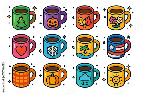 Seasonal Coffee Mugs. Colorful isometric vector icons set of Seasonal coffee mugs: Christmas mug, Halloween mug, autumn leaves mug, spring flowers mug,