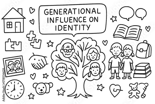 Generational Influence Doodle. Hand-drawn doodle illustration Generational influence on identity, family tree, parents, children, house, puzzle pieces, photo