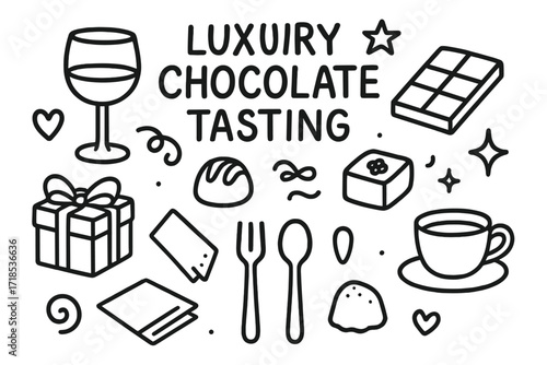 Luxury Chocolate Illustration. Hand-drawn doodle illustration Luxury Chocolate Tasting [wine glass, truffle, praline, bar, heart, star, sparkle, fork, spoon,