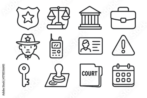 Law Enforcement Doodle Icons. Hand-drawn doodle illustration Civil enforcement badge, law icon, scroll, courtroom, briefcase, sheriff figure, radio, ID card,
