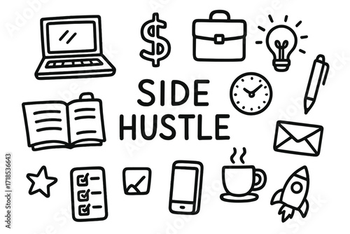 Side Hustle Icons. Hand-drawn doodle illustration side hustle laptop, dollar sign, briefcase, light bulb, chart, clock, envelope, pen, phone, checklist, coffee