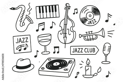 Jazz Vinyl Doodle. Hand-drawn doodle illustration Jazz on vinyl [saxophone, piano, double bass, record, trumpet, notes, turntable, jazz club sign, wine glass,