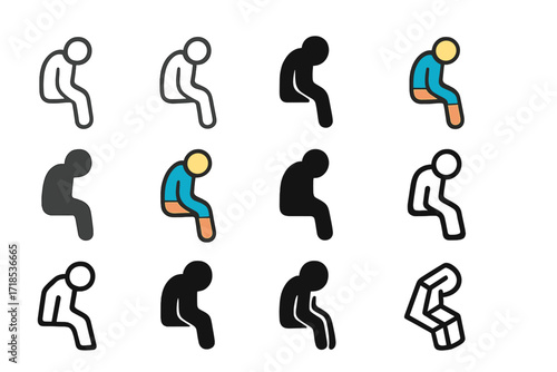 Deep Sigh Logo Variations. Set Logo of Deep Sigh: Shoulder slump. Logo set in vector style, emblematic variations. line, bold thick line, solid black filled,