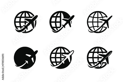 Airline Logo Variations. Airlines. Set Logo of Airlines: Globe with plane. harmonious logo variations of the same emblematic concept, each with different