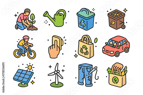 Eco Action Icons. Eco Actions. Colorful isometric vector icons set of Eco Actions: planting tree, watering can, recycling, composting, biking, turning off