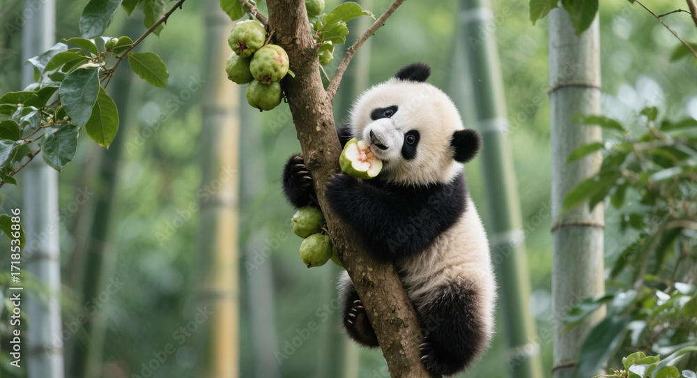 Obraz premium A panda cub happily eats guava while climbing tree