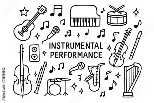 Instrumental Doodles. Hand-drawn doodle illustration Instrumental Performance [guitar, piano, drum, microphone, music note, trumpet, violin, saxophone, cymbal,