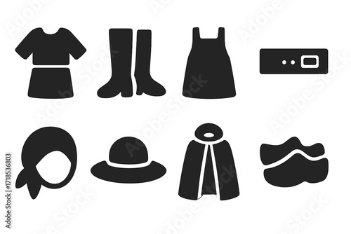 Black Peasant Clothing Icons. Solid, filled icon set of peasant clothing and accessories: tunic, boots, apron, belt, headscarf, straw hat, cloak, wooden shoes.