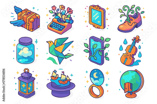 Magical Realism Icons. Colorful isometric vector icons set of magical realism objects: flying suitcase, typewriter with blooming plants, glowing mirror frame,