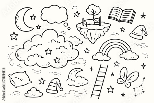 Dreamy Cloudscape Doodle. Hand-drawn doodle illustration [Dreamy cloudscape] [cloud, moon, stars, dream bubble, floating island, bed, tree, book, sleeping cap,