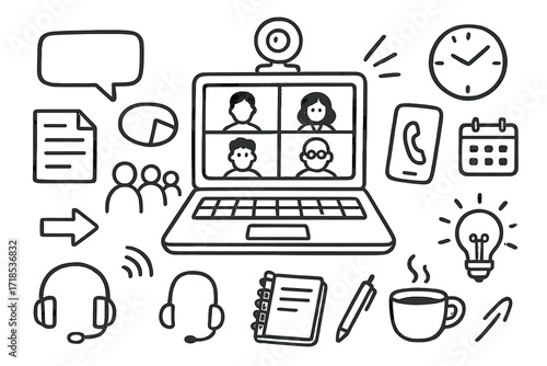 Virtual Meeting Elements. Hand-drawn doodle illustration video conference laptop, webcam, group of people, speech bubble, document, chart, phone, clock,