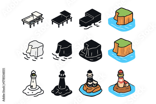 Coastal Icon Set. Icon Set of Beach Landscapes and Coastal Beauty Coastal Landmarks: Pier, Cliff, Lighthouse island. Icons set in vector style, emblematic