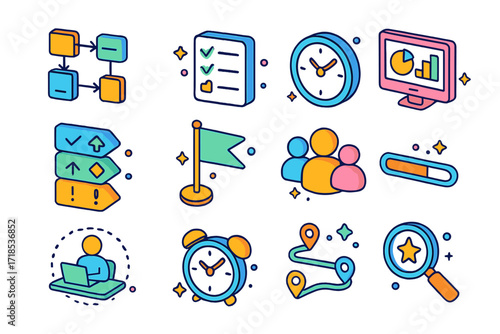 Colorful Workflow Icons. Colorful isometric vector icons set of work process clarity: workflow chart, to-do list, time tracking clock, project dashboard, task