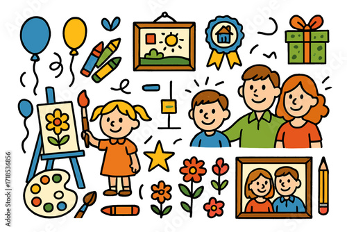 Children's Art Celebration. Colorful Hand-drawn doodle Children illustration Parents celebrating art exhibition paintbrush, easel, palette, canvas, crayons,