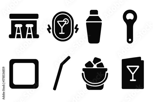 Happy Hour Icons. Solid, filled icon set of happy hour bar items: bar counter, neon sign, cocktail shaker, bottle opener, coaster, straw, ice bucket, drink