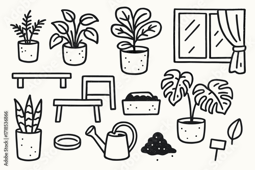 Indoor Plant Icons. Hand-drawn doodle illustration [Indoor plants in concrete pots] [small fern, pothos, fiddle leaf fig, monstera, snake plant, shelf, desk,