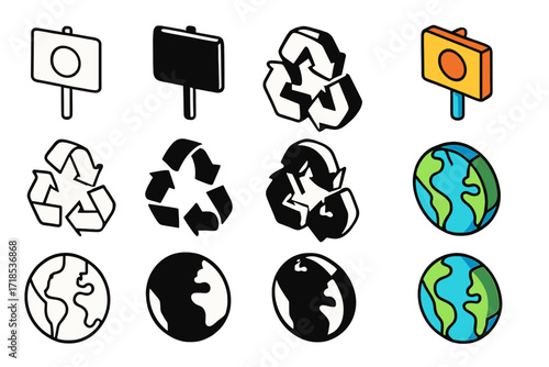 Eco Activism Icons. Icon Set of Eco Activism: Protest sign, Recycle symbol, Earth globe. Icons set in vector style, emblematic variations. Protest sign line,