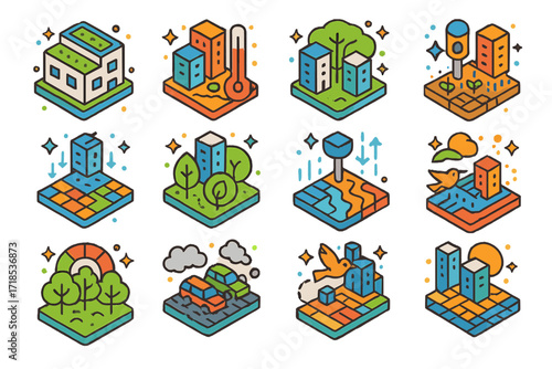 Urban Climate Icons. Colorful isometric vector icons set of urban climate and nature twins: green rooftop model, heat island tracker, tree canopy overlay,