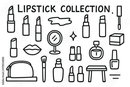 Lipstick Doodle Collection. Hand-drawn doodle illustration Lipstick Collection [different lipstick tubes, lipstick caps, lipstick smear, lip gloss, mirror,