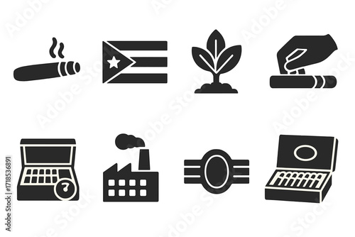 Cigar Icon Collection. Solid, filled icon set of cigar history and tradition: vintage cigar, Cuban flag, tobacco farm, rolling hand, classic humidor, old