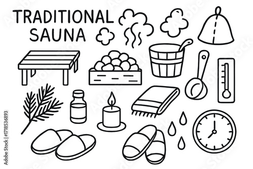 Traditional Sauna Essentials. Hand-drawn doodle illustration Traditional sauna, wooden bench, sauna stones, bucket, ladle, steam clouds, sauna hat, towel,