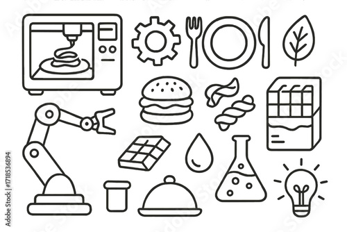 3D Printing Icons. Hand-drawn doodle illustration 3D printed food 3D printer, gear, plate, fork, knife, leaf, burger, pasta shape, droplet, chocolate bar,