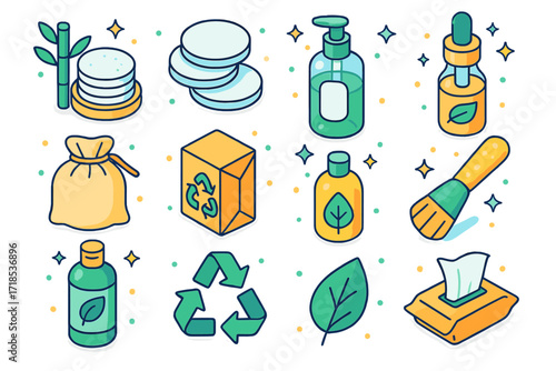 Eco Makeup Icon Set. Colorful isometric vector icons set of eco-friendly makeup removal: bamboo cotton pads, reusable rounds, refillable cleanser bottle, glass