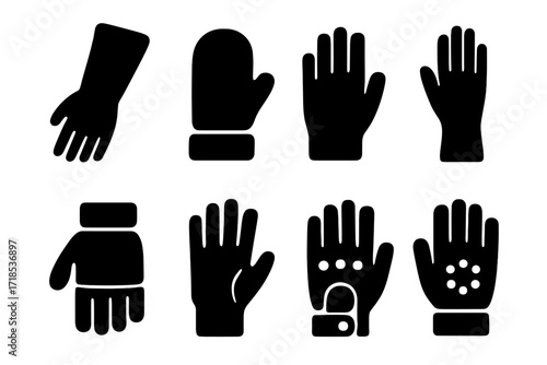 Glove Icon Set. Solid, filled icon set of glove styles: gauntlet gloves, mitten gloves, finger gloves, wrist-length gloves, elbow-length gloves, convertible