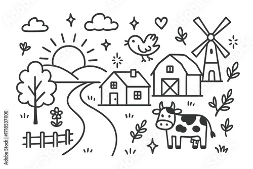 Countryside Sunset Doodle. Hand-drawn doodle illustration Sunset in the countryside [sun, tree, house, barn, windmill, path, fence, bird, cow, cloud, flower,