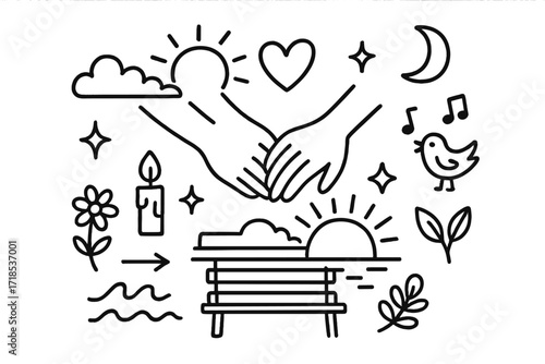 Sunset Doodle Icon Collection. Hand-drawn doodle illustration Sunset Together [two hands, heart, sun, cloud, star, sparkle, flower, leaf, bird, music note,