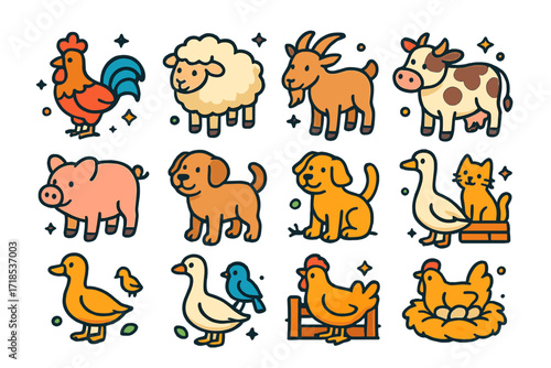 Village Animal Icons. Colorful isometric vector icons set of Village Animals and Pets: rooster, sheep, goat, cow, piglet, horse, village dog, cat on fence,