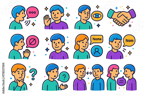 Conversation Etiquette Icons. Colorful isometric vector icons set of conversation etiquette: active listening, nodding head, eye contact, handshake, not