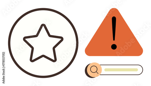 Star icon in circle alongside triangular warning mark with exclamation point and search bar. Ideal for rating, alert, search, recognition, safety, guidance, minimalistic style, simple flat metaphor