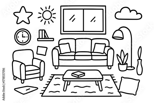 Cozy Living Space Doodle. Hand-drawn doodle illustration Open living space sofa, armchair, coffee table, wide window, rug, lamp, plant, vase, clock, book,