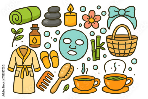 Children's Spa Essentials. Colorful Hand-drawn doodle Children illustration Spa towel, massage stones, candle, flower, essential oil, bathrobe, slippers,