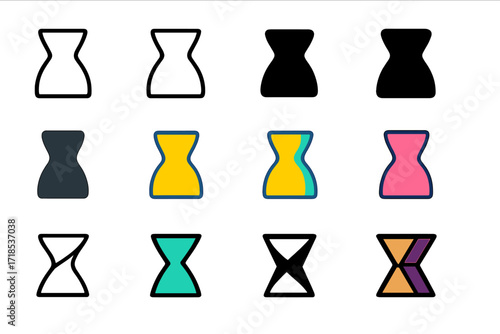 Hourglass Logo Variations. Set Logo of Body Shape: Hourglass figure. Logo set in vector style, emblematic variations. line, bold thick line, solid black