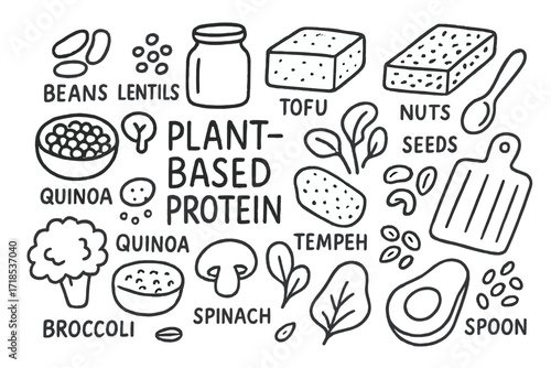 Plant-Based Protein Icons. Hand-drawn doodle illustration plant-based protein beans, lentils, chickpeas, quinoa bowl, tofu, tempeh block, nuts, seeds, jar,