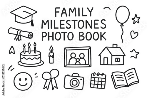 Family Milestones Doodles. Hand-drawn doodle illustration Family milestones photo book [graduation cap, diploma, birthday cake, candle, balloon, photo frame,