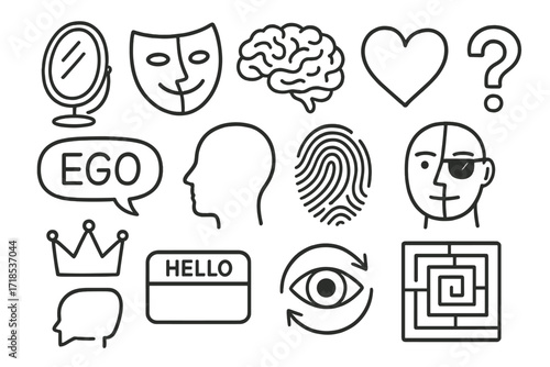 Ego and Identity Doodles. Hand-drawn doodle illustration [Ego and Identity] mirror, mask, brain, heart, question mark, fingerprint, silhouette, speech bubble,