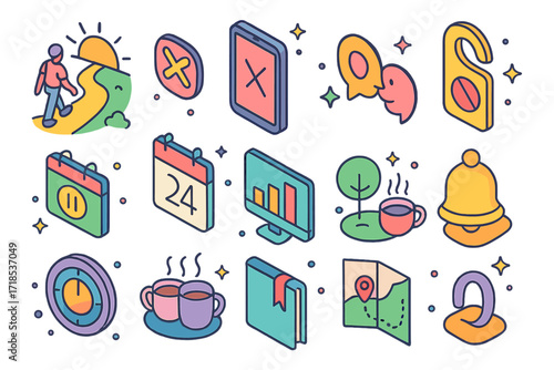 Tech-Life Balance Icons. Colorful isometric vector icons set of Tech-life balance: sunrise walk, unplugged icon, do-not-disturb sign, digital break calendar,