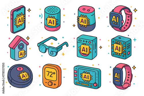 Colorful AI Chip Icons. Colorful isometric vector icons set of AI Chips in Consumer Tech: AI chip in smartphone, AI voice assistant processor, smart speaker