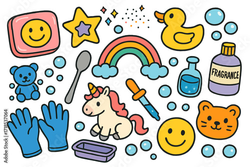 Colorful Children Soap Craft. Colorful Hand-drawn doodle Children illustration Kids Soap Craft smiley soap, star mold, rubber duck, rainbow colors, glitter,