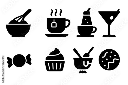 Sugar Uses Icons. Solid, filled icon set of sugar uses: baking, sweetening tea, coffee sugar, cocktail syrup, candy making, frosting, caramelizing, sugar