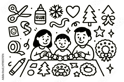 Family Holiday Crafting. Hand-drawn doodle illustration Making holiday decorations together scissors, glue, snowflake, heart, ribbon, pine tree, star, paper